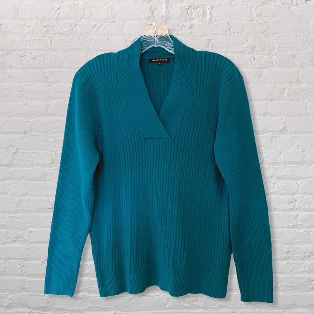 VTG Jeanne Pierre Teal V-neck Sweater Long Sleeve Ribbed Knit  LG EUC